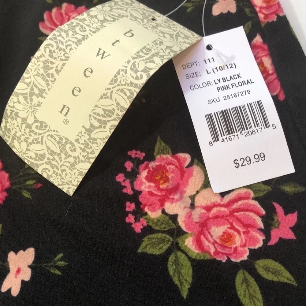 BTWEEN Girls Stretchy Dress Black Pink Rose Floral Keyhole Back Size L 10/12 NWT